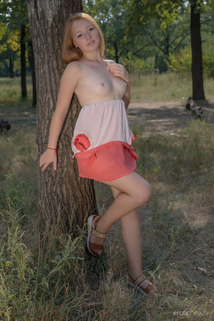 Innocent teen Red Cat taking her dress off and revealing hot assets outdoors page 1