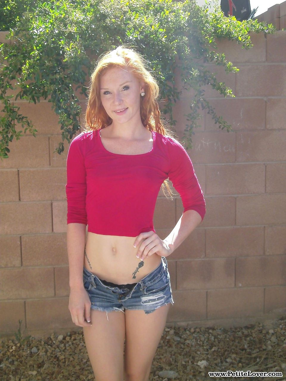 Redhead teen girl Alex Tanner flashes her tiny tits and ass against a wall page 1