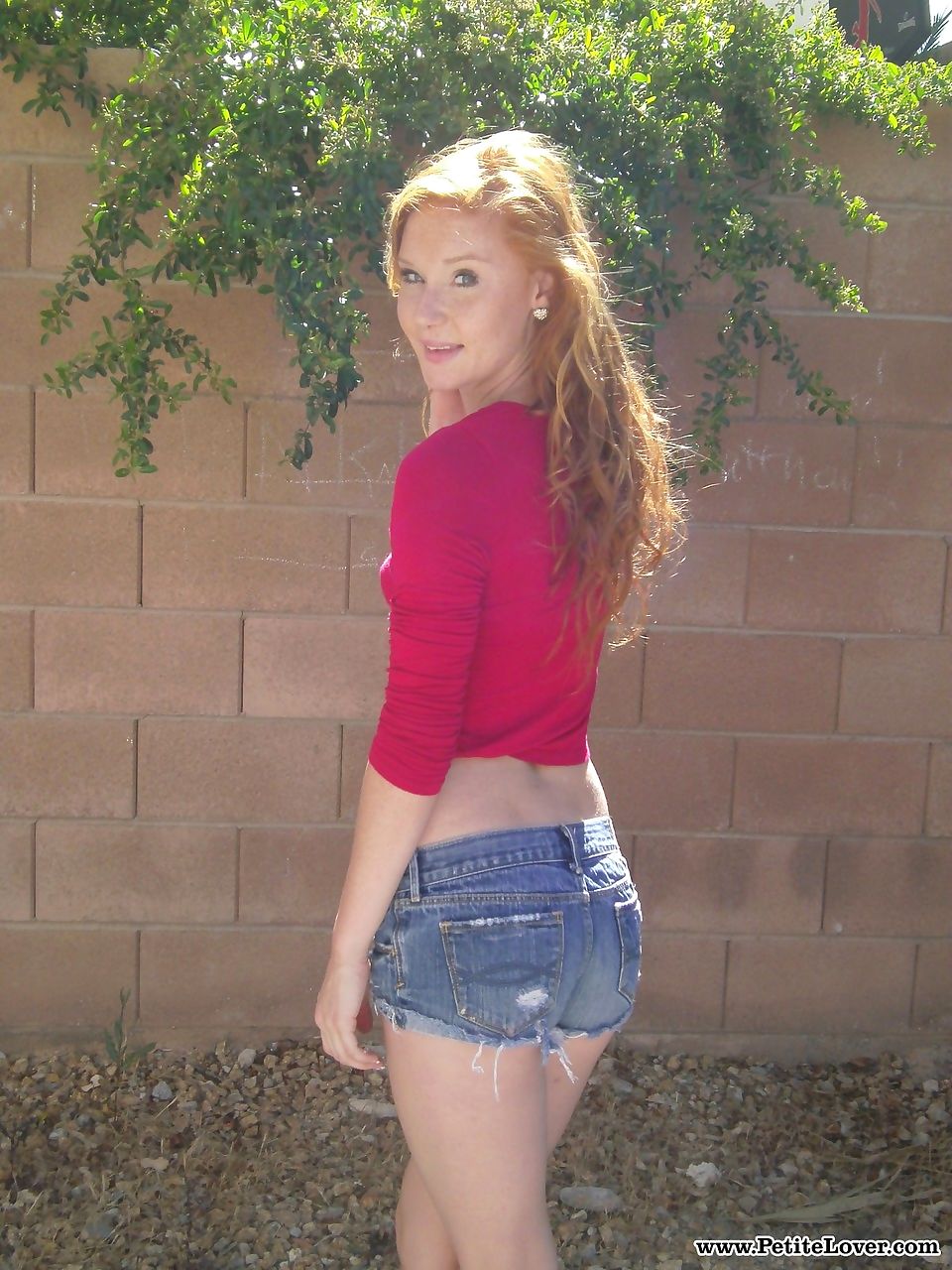 Redhead teen girl Alex Tanner flashes her tiny tits and ass against a wall page 1
