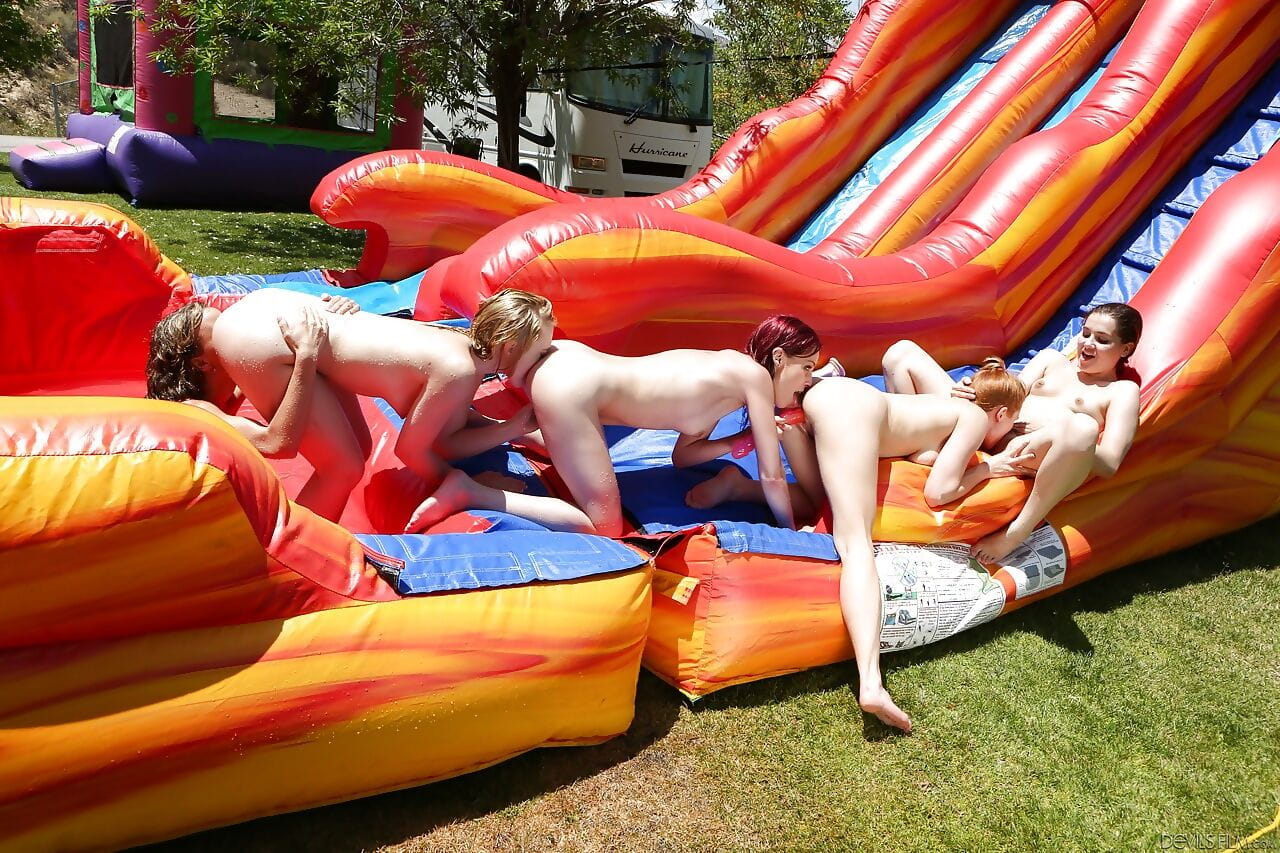 Nude girls whip out sex toys for all girl group sex on water slide page 1